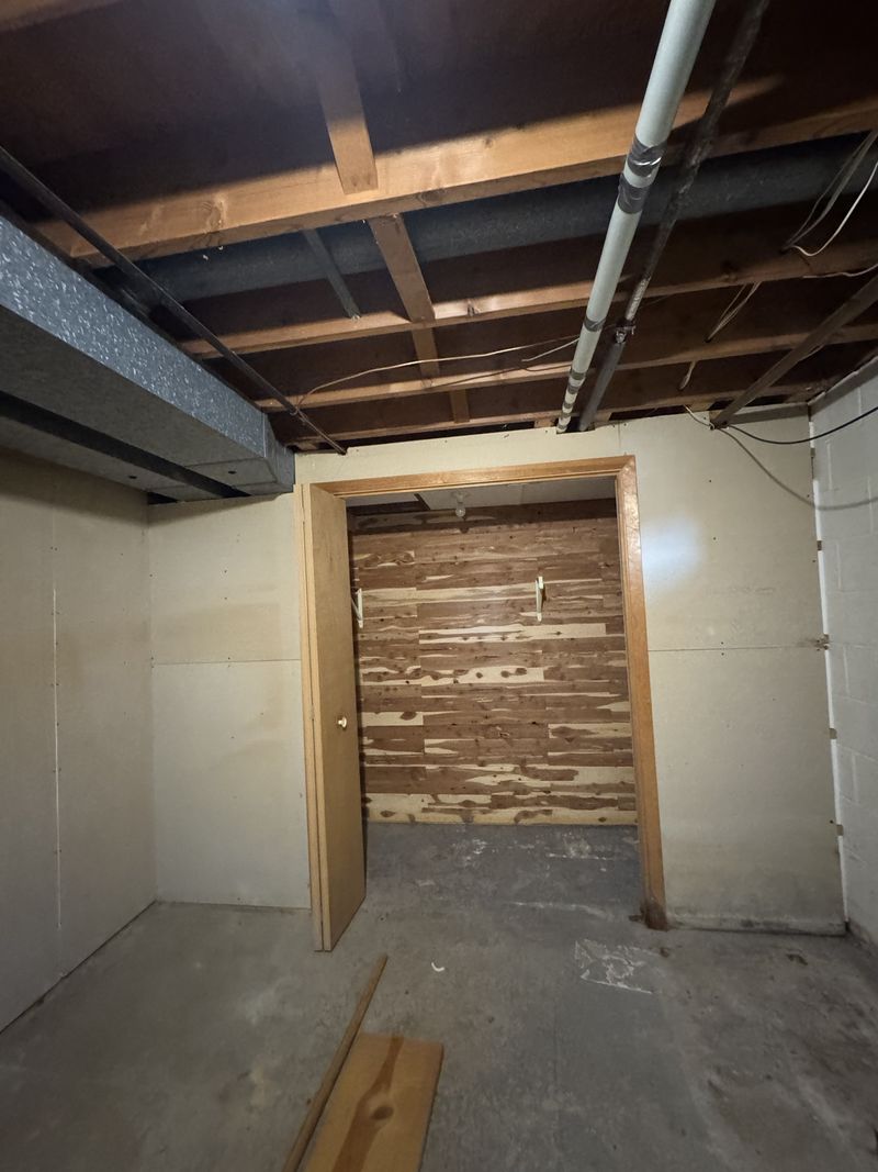 Basement closet with cedar-lined walls before the remodel